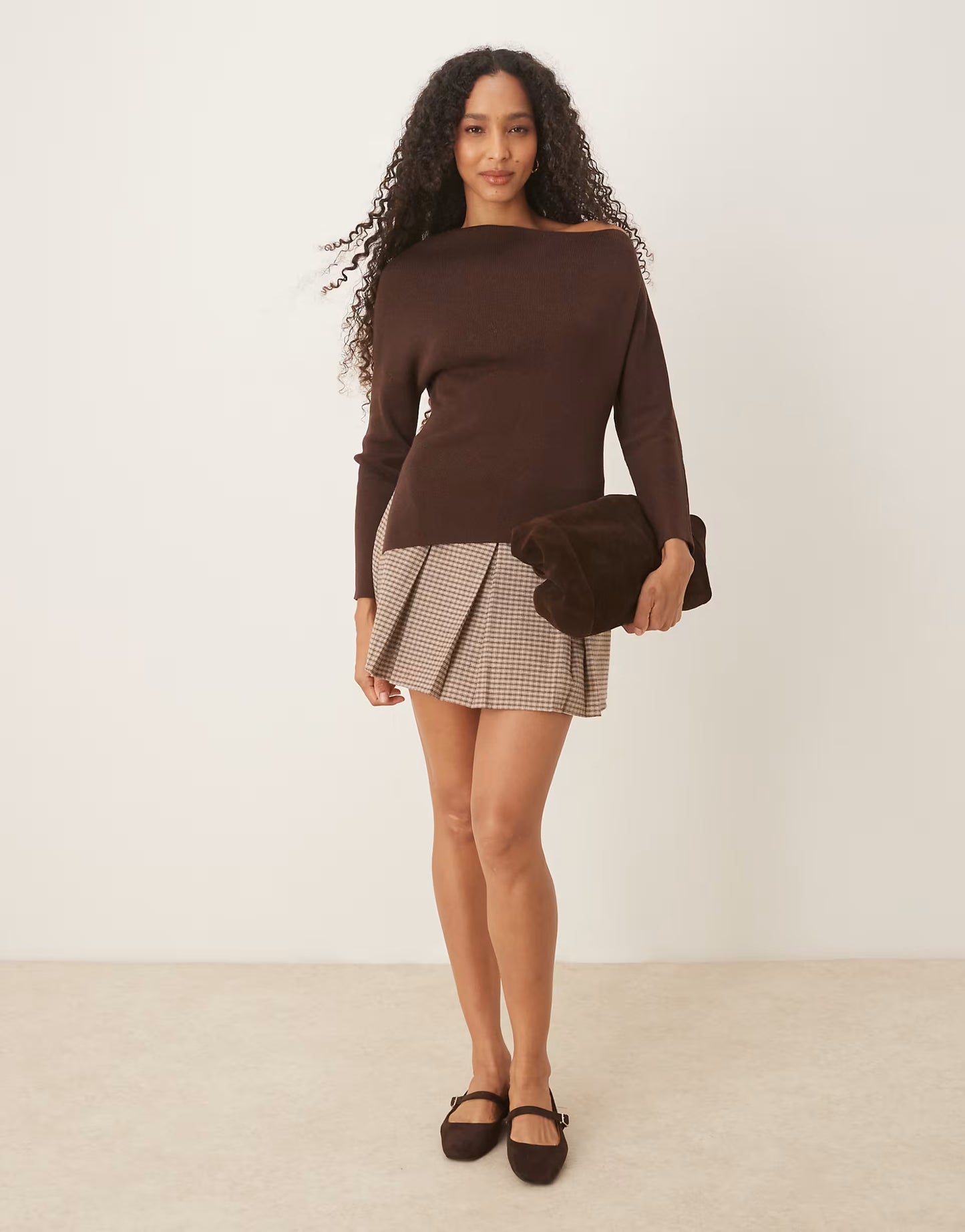 ASOS DESIGN knitted asymmetric off shoulder top in rib in chocolate