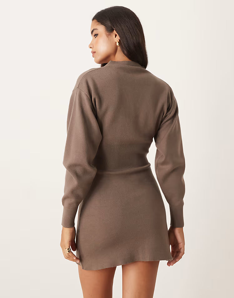 Gina Tricot long bell sleeve v neck mini knitted button dress in brown