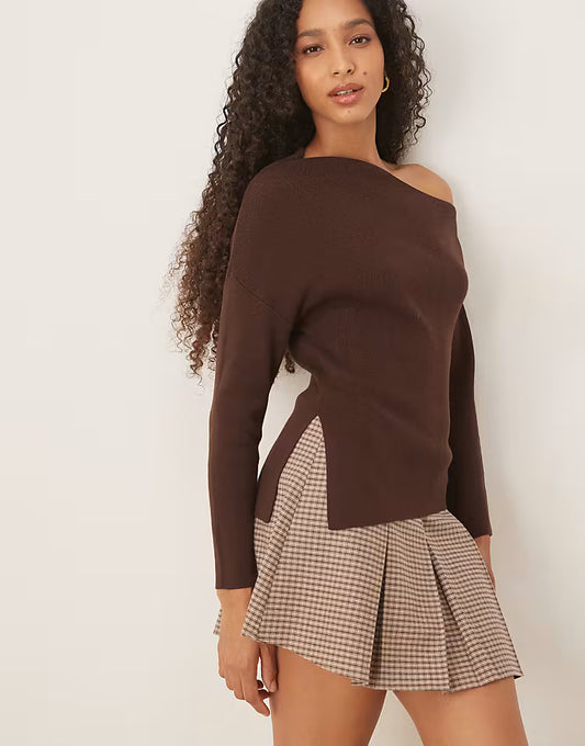 ASOS DESIGN knitted asymmetric off shoulder top in rib in chocolate
