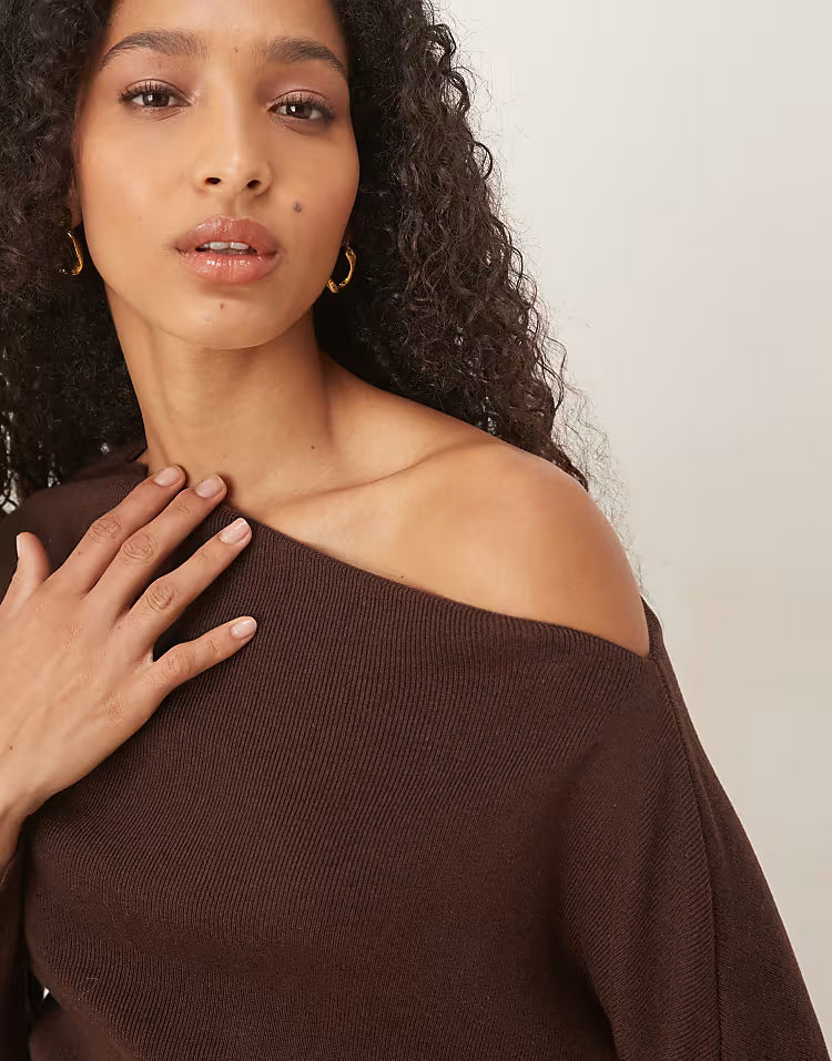 ASOS DESIGN knitted asymmetric off shoulder top in rib in chocolate