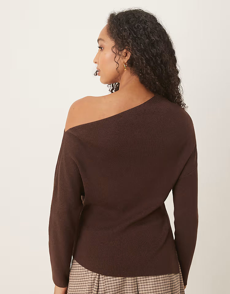 ASOS DESIGN knitted asymmetric off shoulder top in rib in chocolate