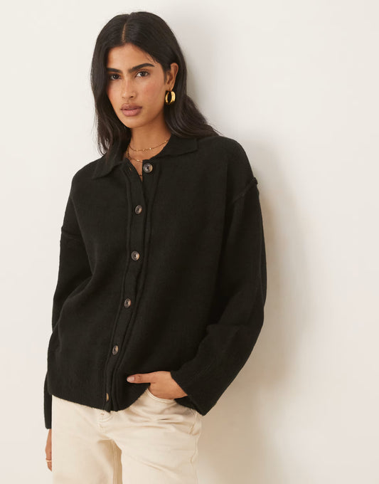 ASOS DESIGN knitted collar shirt cardigan with seam detail in black