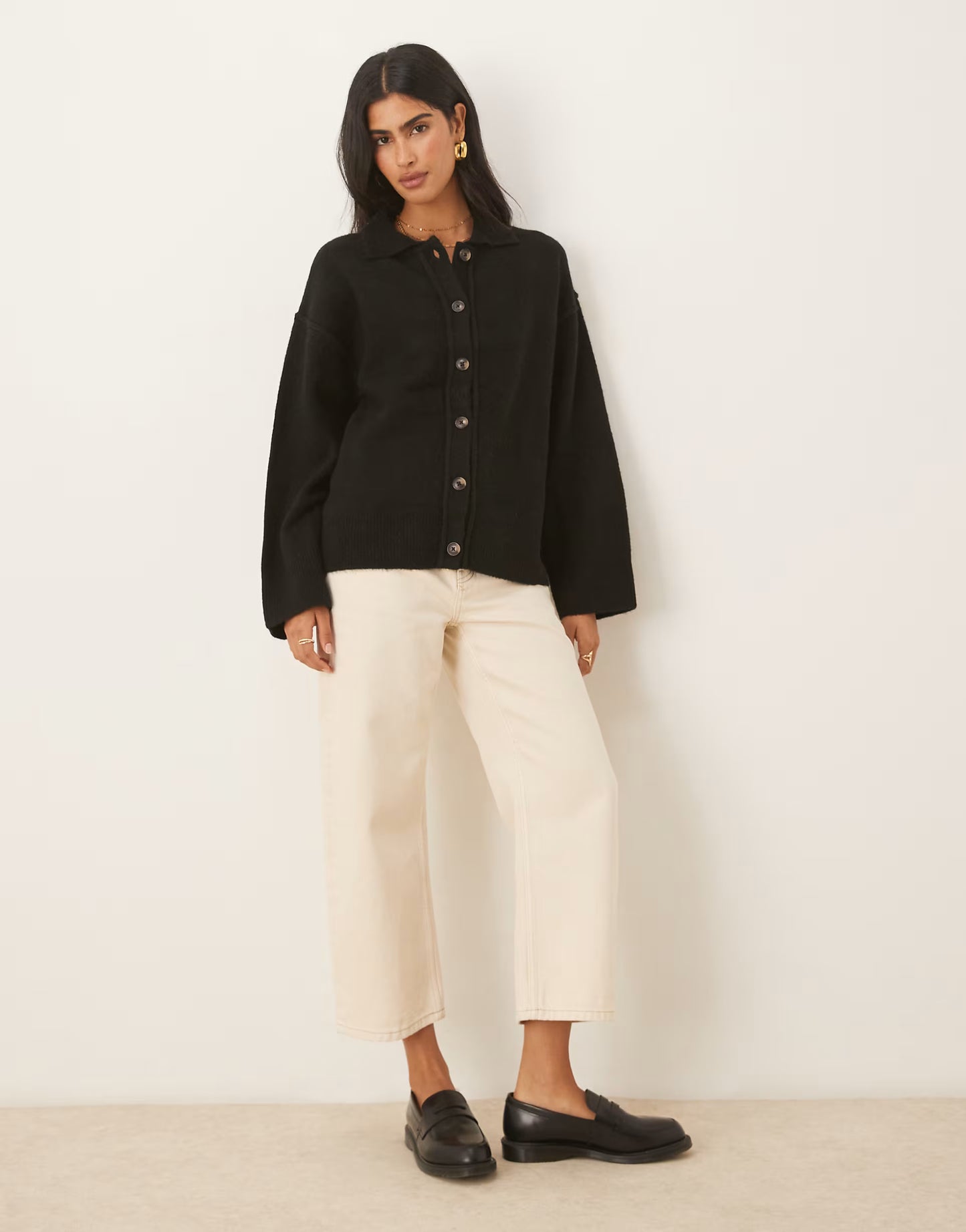 ASOS DESIGN knitted collar shirt cardigan with seam detail in black