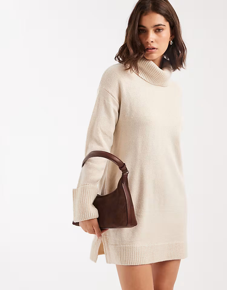 Brave Soul roll neck mini jumper dress in oat