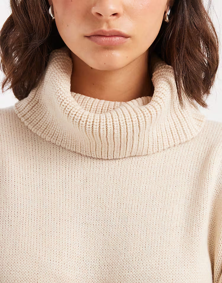 Brave Soul roll neck mini jumper dress in oat