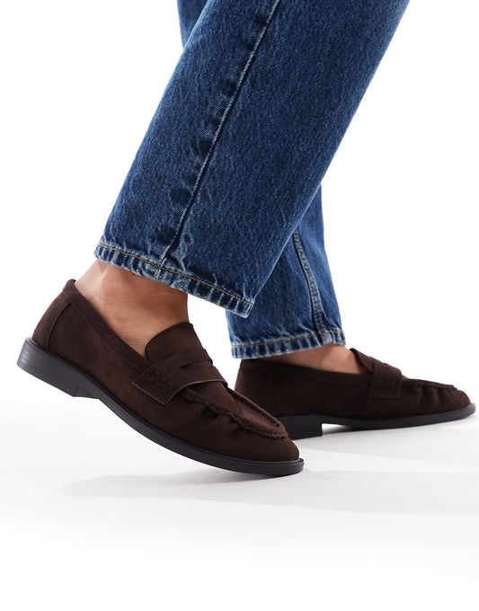 SEQWL Wide Fit Hershe ruched loafers in suedette chocolate
