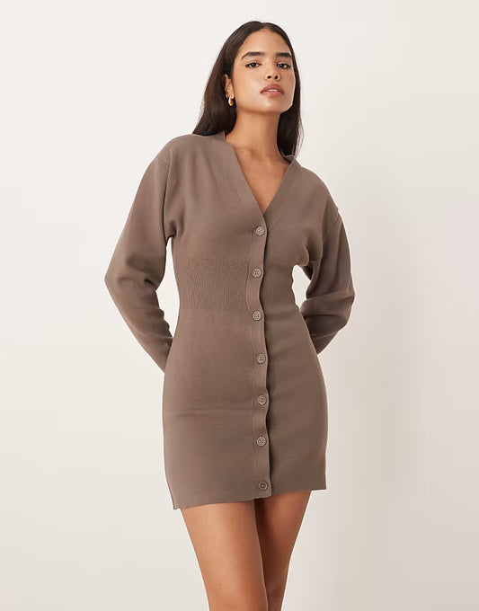Gina Tricot long bell sleeve v neck mini knitted button dress in brown