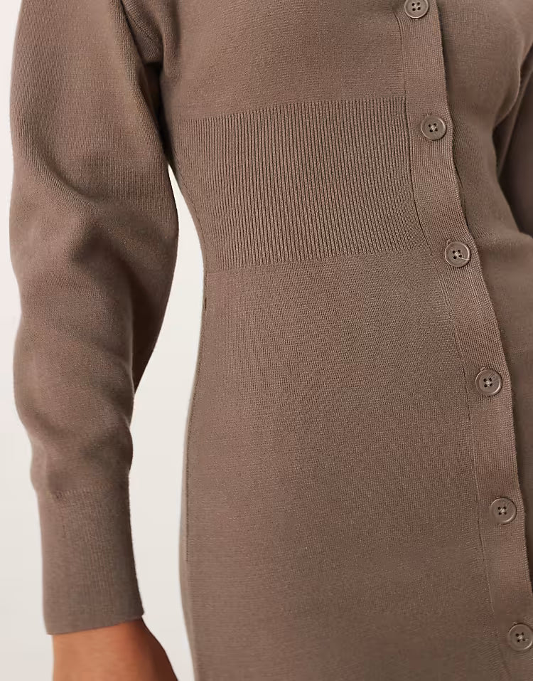 Gina Tricot long bell sleeve v neck mini knitted button dress in brown